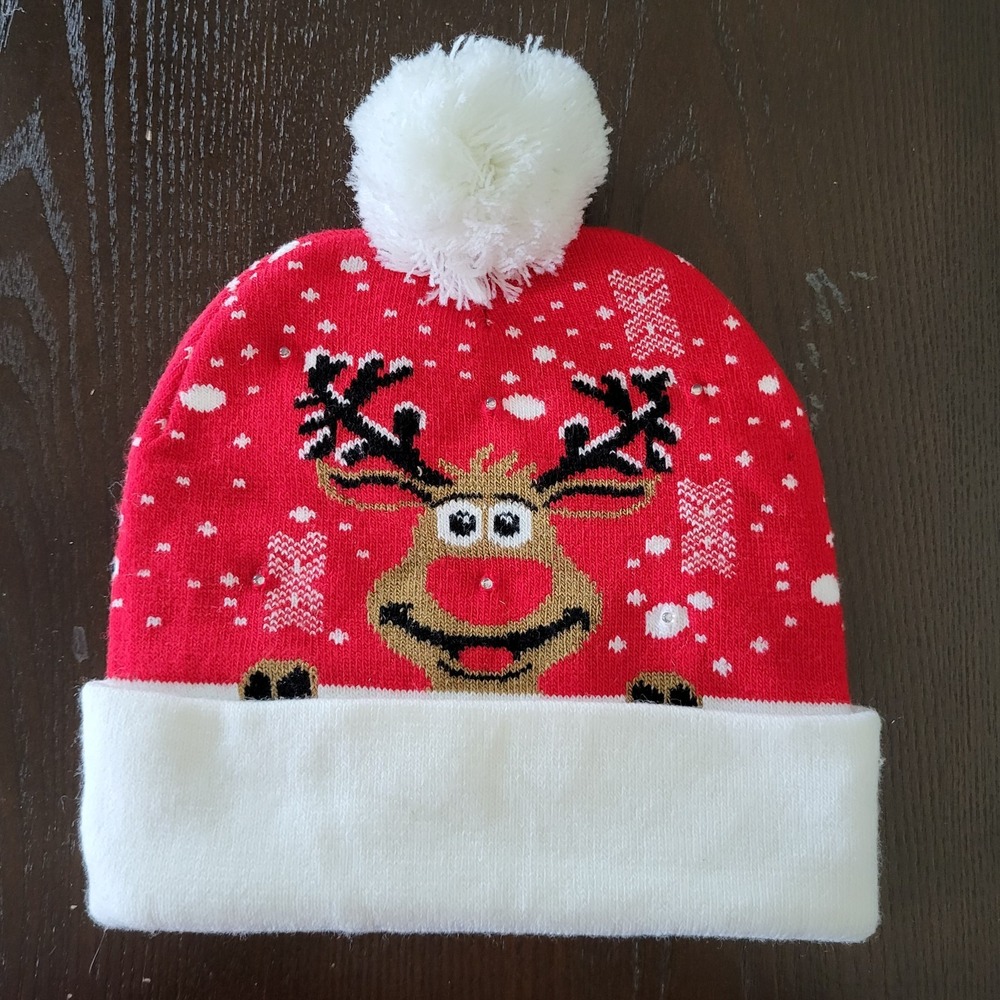 Reindeer LED Christmas Red White Beanie Pom Pom One Size